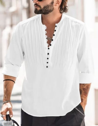 Cotton and Linen Mens Casual Button Round Neck Solid Standing Collar Shirt - e-store23 uk