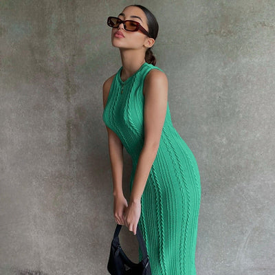 New Summer Solid Color Knitted Sleeveless Round Neck Dress Women Outfits Streetwear Clubwear Casual Urban Bodycon Tank Dresses - e-store23 uk