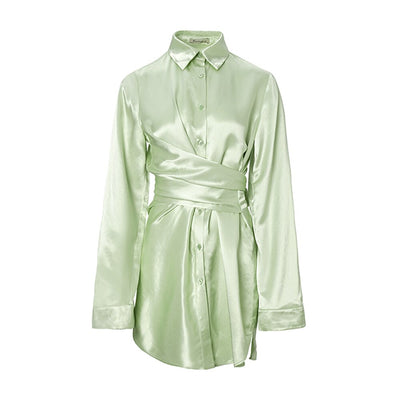 AEL Summer Satin Shirt Dress Women Lace Up Loose Streetwear Light Green Pajama Look 100% Acetate Fibre - e-store23 uk