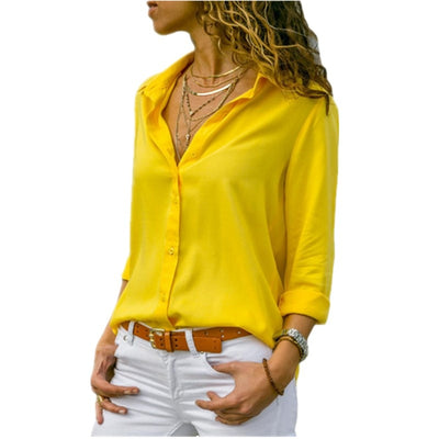 Lossky Women Tops Blouses Long Sleeve Solid V-Neck Chiffon Blouse Female Work Wear Shirts Blouse Plus Size - e-store23 uk