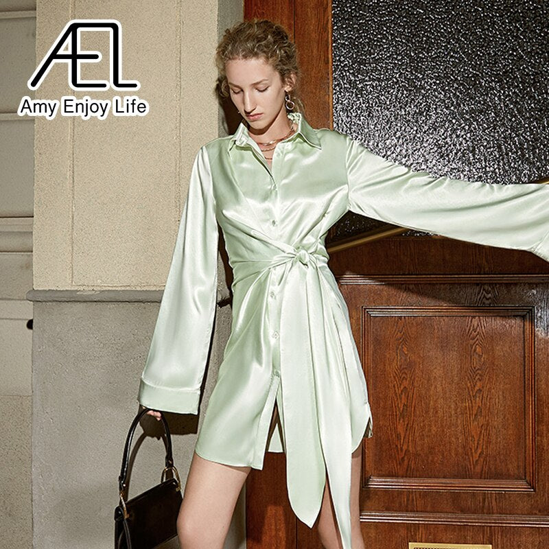 AEL Summer Satin Shirt Dress Women Lace Up Loose Streetwear Light Green Pajama Look 100% Acetate Fibre - e-store23 uk