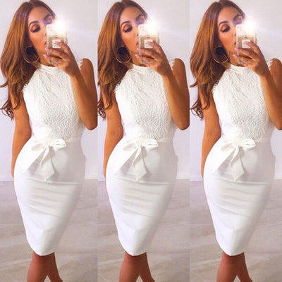 Summer new Sexy Women crew neck sleeveless Lace floral Evening Party bodycon Dress elegant female white lace slim dresses - e-store23 uk