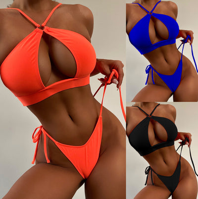 Ladies Solid Color Cutout Split Swimsuit Sexy Bikini - e-store23 uk