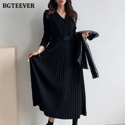 BGTEEVER Elegant V-neck Single-breasted Women Thicken Sweater Dress Autumn Winter Knitted Belted Female A-line soft dresses - e-store23 uk