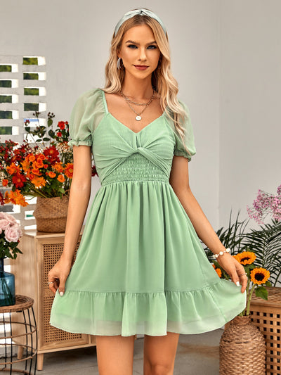 Casual Women's Spring and Summer V-Neck Solid Waist Short Sleeve Dress - e-store23 uk