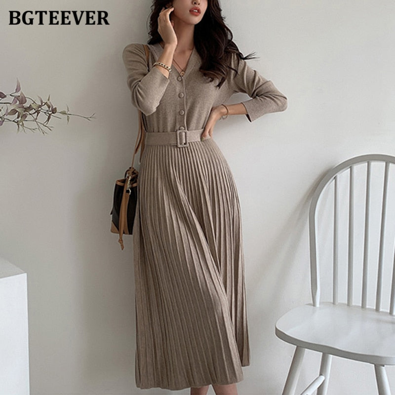 BGTEEVER Elegant V-neck Single-breasted Women Thicken Sweater Dress Autumn Winter Knitted Belted Female A-line soft dresses - e-store23 uk