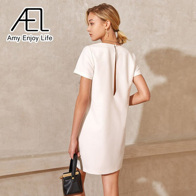 AEL Summer Minidress Women Shirt Dress Fashion Casual Clothes V Neck Short Sleeve Sundress White Simple Style - e-store23 uk