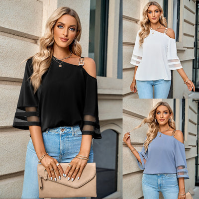Spring And Summer New Women's Casual Solid Metal Button One Shoulder Blouse - e-store23 uk