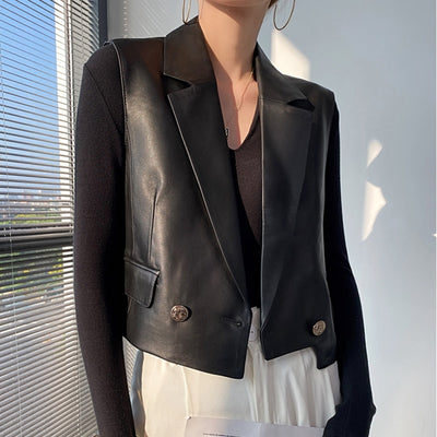 French Fashion Genuine Leather Vest For Women Female Loose Sleeveless Jacket Soft Chic Gilet Short Suit - e-store23 uk