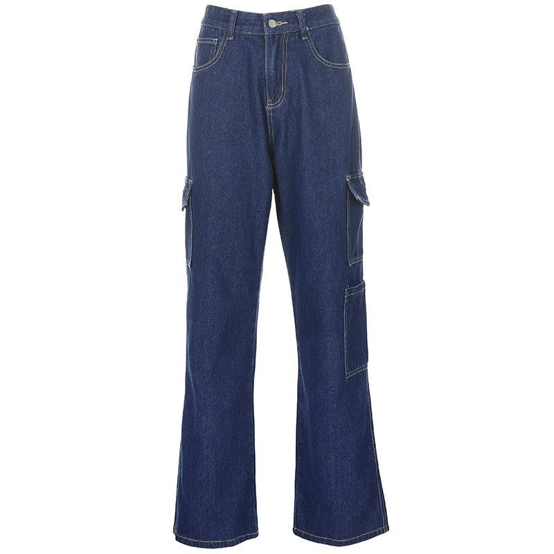 Casual Loose Wide Leg Jeans Women's Summer New Korean Pants Pocket High Waist Slim Straight Pants - e-store23 uk